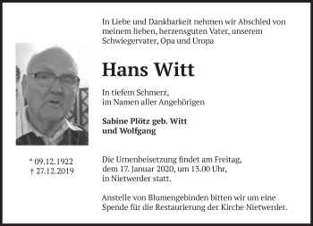 Traueranzeige von Hans Witt von Märkische Oderzeitung