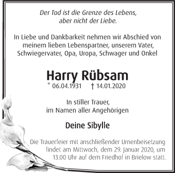 Traueranzeige von Harry Rübsam von Märkische Oderzeitung