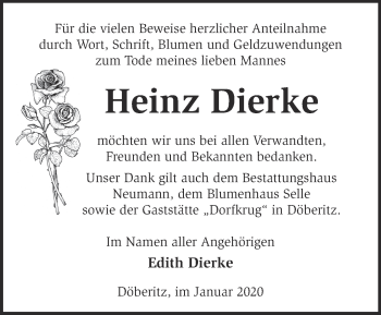 Traueranzeige von Heinz Dierke von Märkische Oderzeitung