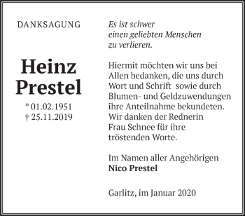 Traueranzeige von Heinz Prestel von Märkische Oderzeitung