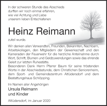 Traueranzeige von Heinz Reimann von Märkische Oderzeitung