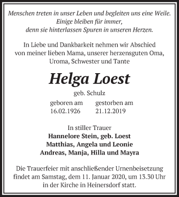 Traueranzeige von Helga Loest von Märkische Oderzeitung