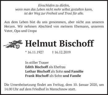 Traueranzeige von Helmut Bischoff von Märkische Oderzeitung