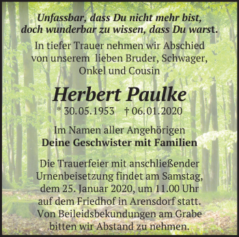 Traueranzeige von Herbert Paulke von Märkische Oderzeitung