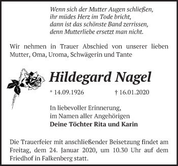 Traueranzeige von Hildegard Nagel von Märkische Oderzeitung