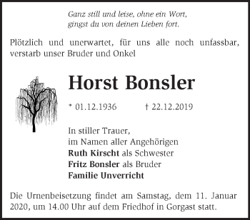 Traueranzeige von Horst Bonsler von Märkische Oderzeitung