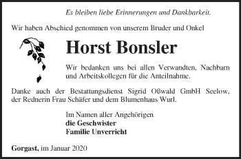 Traueranzeige von Horst Bonsler von Märkische Oderzeitung