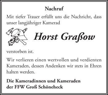 Traueranzeige von Horst Graßow von Märkische Oderzeitung