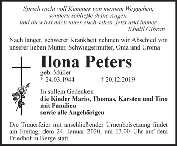 Traueranzeige von Ilona Peters von Märkische Oderzeitung