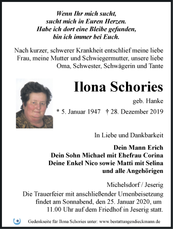 Traueranzeige von Ilona Schories von Märkische Oderzeitung