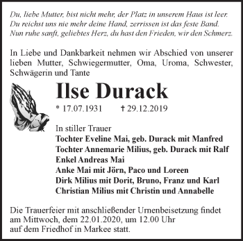 Traueranzeige von Ilse Durack von Märkische Oderzeitung