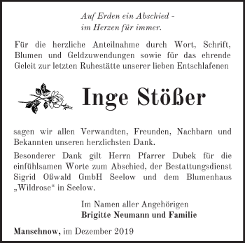 Traueranzeige von Inge Stößer von Märkische Oderzeitung