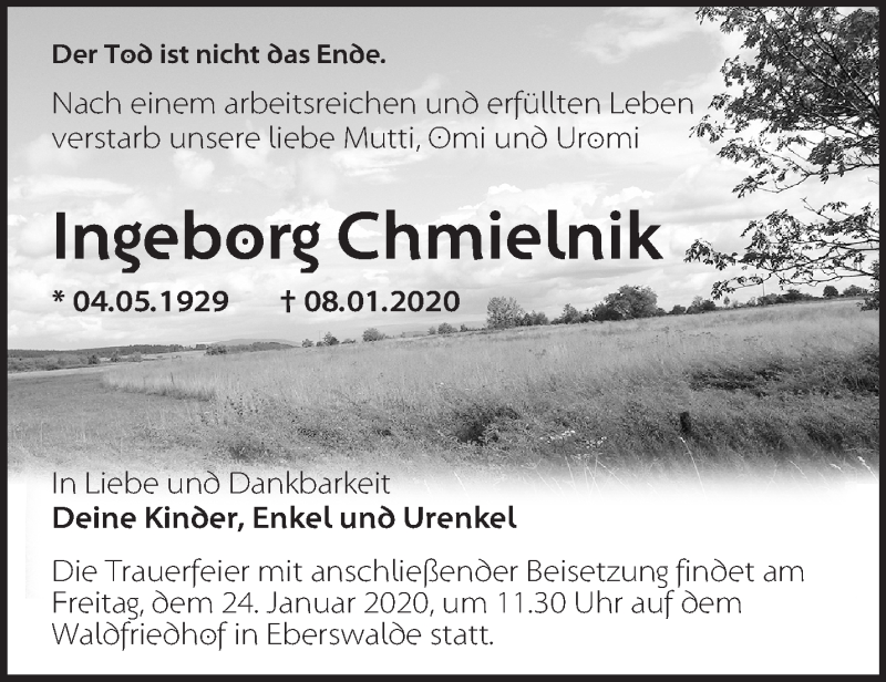  Traueranzeige für Ingeborg Chmielnik vom 19.01.2020 aus Märkische Oderzeitung