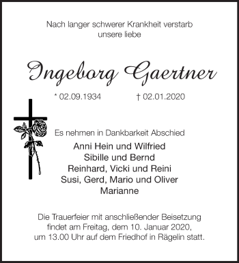 Traueranzeige von Ingeborg Gaertner von Märkische Oderzeitung