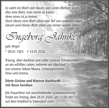 Traueranzeige von Ingeborg Jahnke von Märkische Oderzeitung