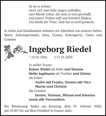 Traueranzeige von Ingeborg Riedel von Märkische Oderzeitung