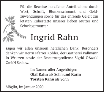 Traueranzeige von Ingrid Rahn von Märkische Oderzeitung