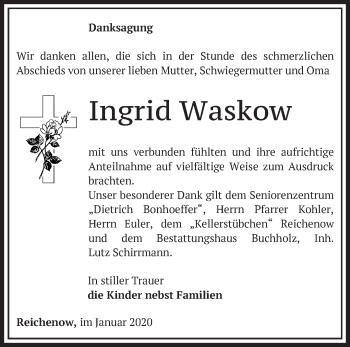 Traueranzeige von Ingrid Waskow von Märkische Oderzeitung