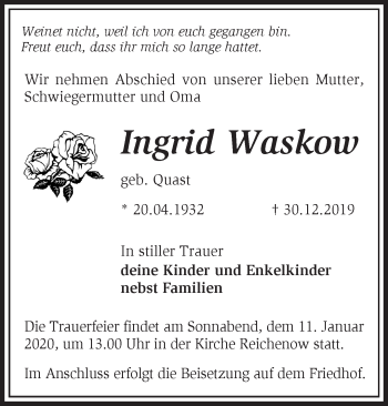 Traueranzeige von Ingrid Waskow von Märkische Oderzeitung