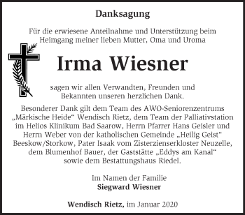 Traueranzeige von Irma Wiesner von Märkische Oderzeitung