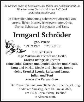 Traueranzeige von Irmgard Schröder von Märkische Oderzeitung