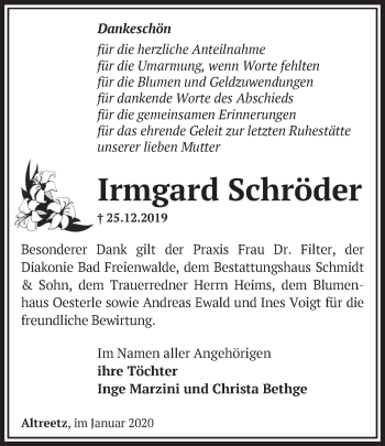 Traueranzeige von Irmgard Schröder von Märkische Oderzeitung