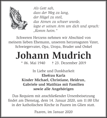 Traueranzeige von Johann Mudrich von Märkische Oderzeitung