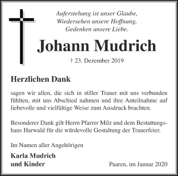 Traueranzeige von Johann Mudrich von Märkische Oderzeitung