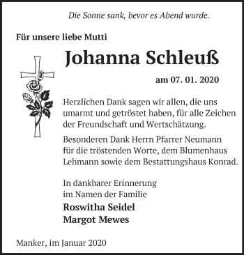 Traueranzeige von Johanna Schleuß von Märkische Oderzeitung