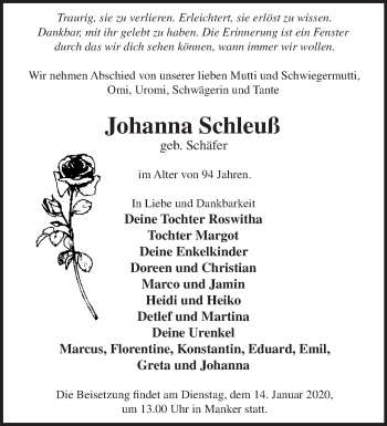 Traueranzeige von Johanna Schleuß von Märkische Oderzeitung