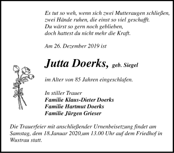 Traueranzeige von Jutta Doerks von Märkische Oderzeitung