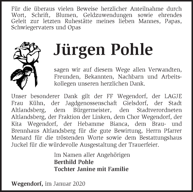  Traueranzeige für Jürgen Pohle vom 18.01.2020 aus Märkische Oderzeitung