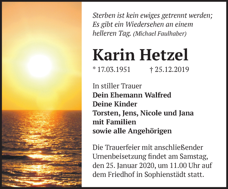  Traueranzeige für Karin Hetzel vom 19.01.2020 aus Märkische Oderzeitung