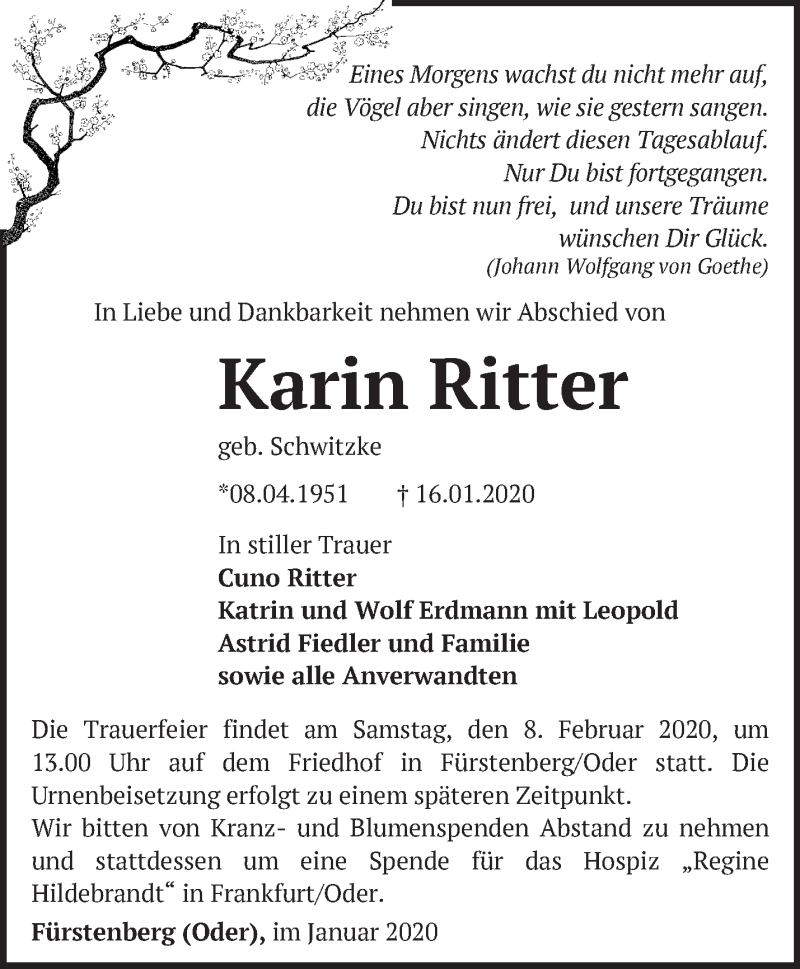 Traueranzeigen von Karin Ritter  Märkische Onlinezeitung Trauerportal