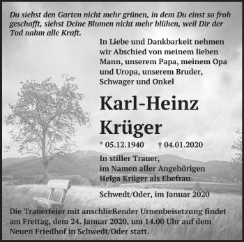 Traueranzeige von Karl-Heinz Krüger von Märkische Oderzeitung