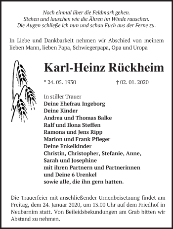 Traueranzeige von Karl-Heinz Rückheim von Märkische Oderzeitung