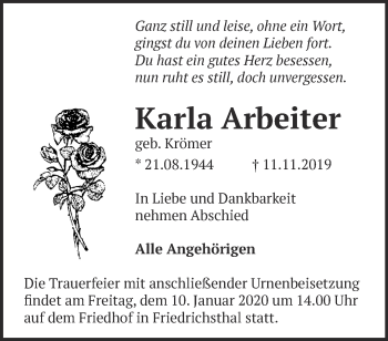 Traueranzeige von Karla Arbeiter von Märkische Oderzeitung