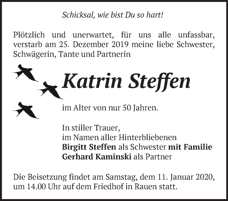  Traueranzeige für Katrin Steffen vom 08.01.2020 aus Märkische Oderzeitung
