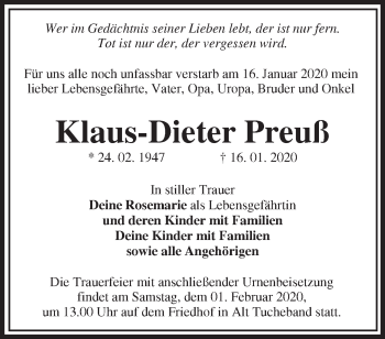 Traueranzeige von Klaus-Dieter Preuß von Märkische Oderzeitung