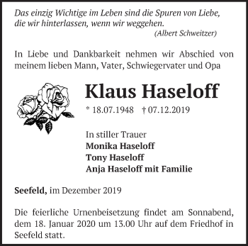 Traueranzeige von Klaus Haseloff von Märkische Oderzeitung