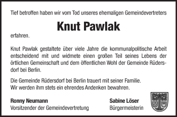 Traueranzeige von Knut Pawlak von Märkische Oderzeitung