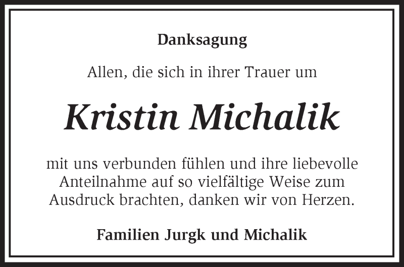  Traueranzeige für Kristin Michalik vom 15.01.2020 aus Märkische Oderzeitung