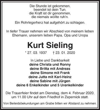 Traueranzeige von Kurt Sieling von Märkische Oderzeitung