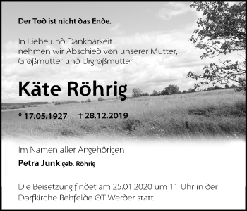 Traueranzeige von Käte Röhrig von Märkische Oderzeitung