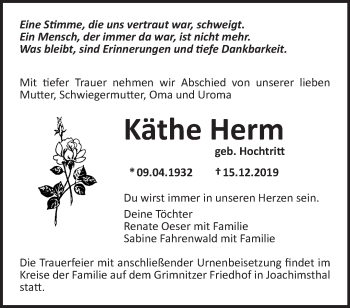 Traueranzeige von Käthe Herm von Märkische Oderzeitung