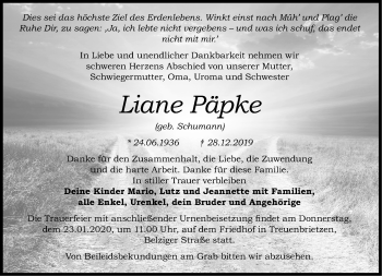 Traueranzeige von Liane Päpke von Märkische Oderzeitung