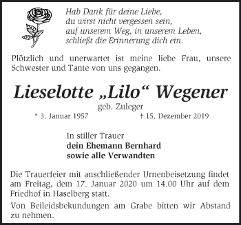 Traueranzeige von Lieselotte Wegener von Märkische Oderzeitung