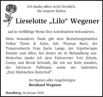 Traueranzeige von Lieselotte Wegener von Märkische Oderzeitung