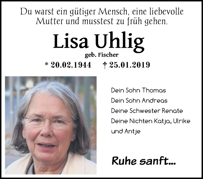  Traueranzeige für Lisa Uhlig vom 26.01.2020 aus Märkische Oderzeitung