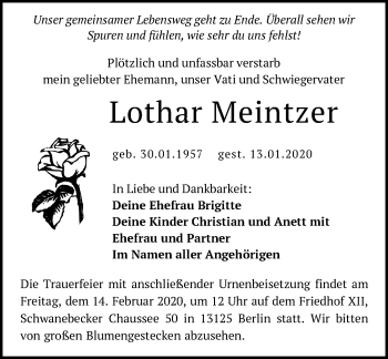 Traueranzeige von Lothar Meintzer von Märkische Oderzeitung